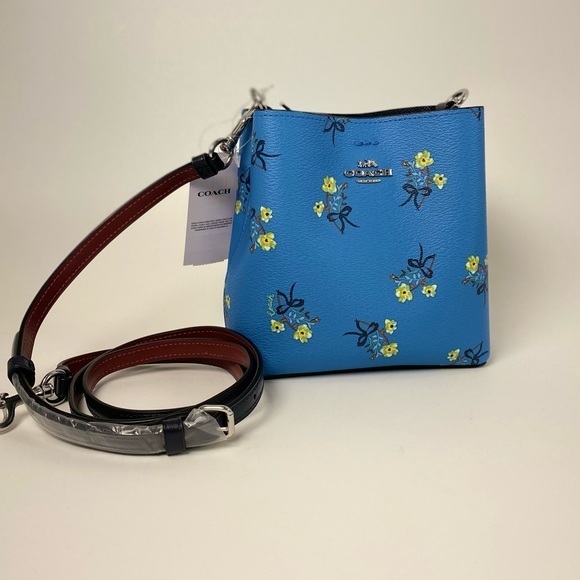 COACH Mini Town Bucket Crossbody Bag Floral Bow Print Blue Handbag New - Picture 3 of 11